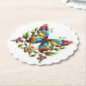 花カラフル付きステンドグラス蝶 ペーパーコースター (アングル)