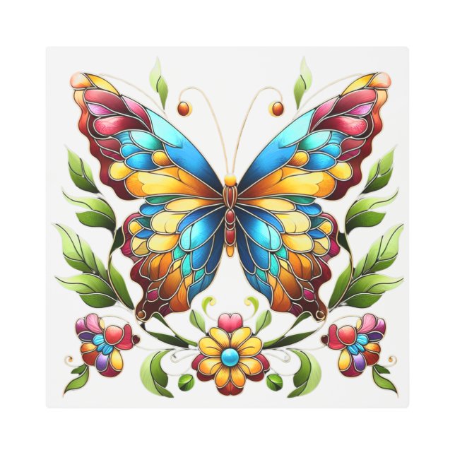 花カラフル付きステンドグラス蝶 メタルプリント (正面)