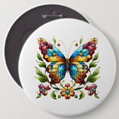 花カラフル付きステンドグラス蝶 缶バッジ (正面&裏面)