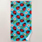 花カラフル付きラディバグ模様 ビーチタオル (正面)