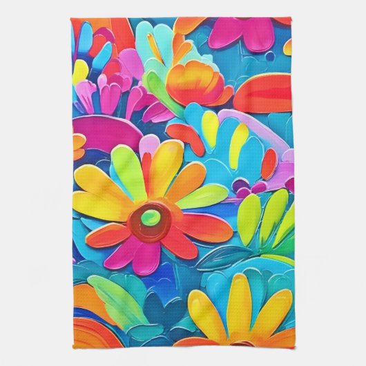 花カラフル力絵を描 キッチンタオル (縦)