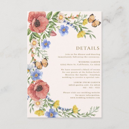 花カラフル咲き野花春の結婚式詳細 エンクロージャーカード (正面)