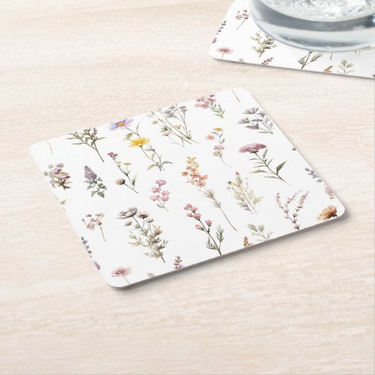 花カラフル咲き野草と庭園花 スクエアペーパーコースター (アングル)