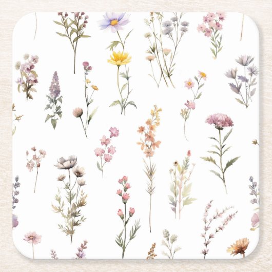 花カラフル咲き野草と庭園花 スクエアペーパーコースター (正面)