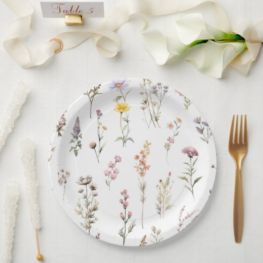 花カラフル咲き野草と庭園花 ペーパープレート (ウェディング)
