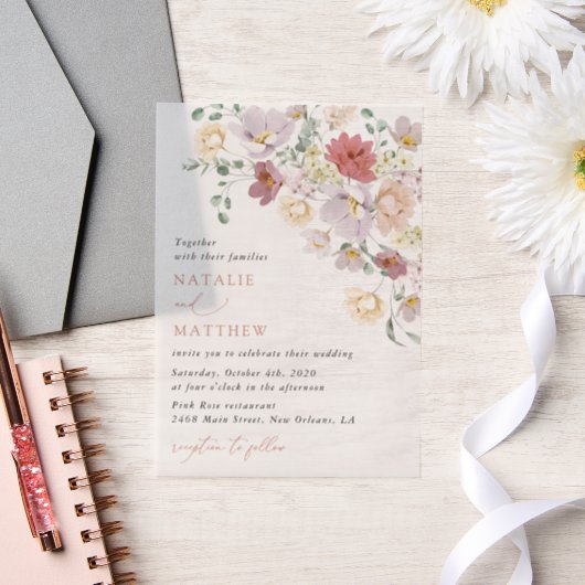 花カラフル咲き野草ボホ結婚う ベラム紙招待状 (ウェディング)