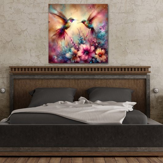 花カラフル園の水彩のハミングバード ポスター