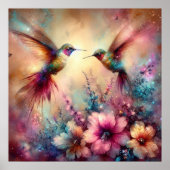 花カラフル園の水彩のハミングバード ポスター (正面)