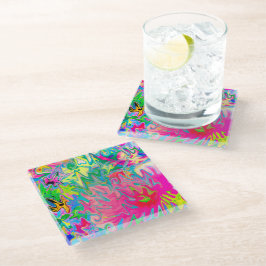 花カラフル園抽象芸術コラージュ ガラスコースター