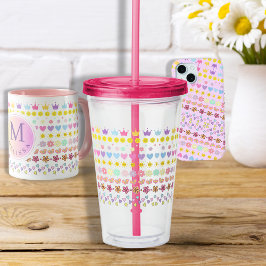 花カラフル太陽とハートパターン、ピンクフローラ アクリルタンブラー