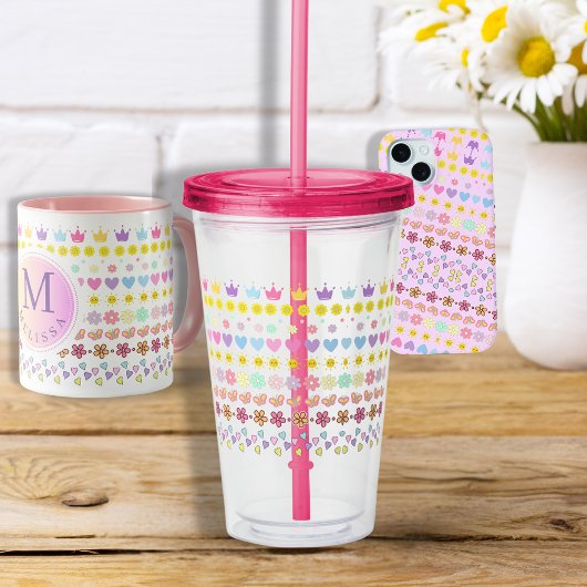 花カラフル太陽とハートパターン、ピンクフローラ アクリルタンブラー