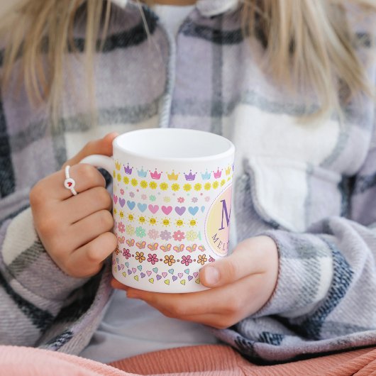 花カラフル太陽とハートパターン、ピンクフローラ コーヒーマグカップ