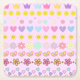 花カラフル太陽とハートパターン、ピンクフローラ スクエアペーパーコースター