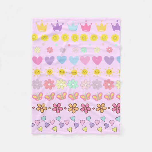 花カラフル太陽とハートパターン、ピンクフローラ フリースブランケット (正面)
