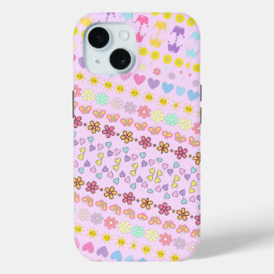 花カラフル太陽とハートパターン、ピンクフローラ iPhone 15ケース