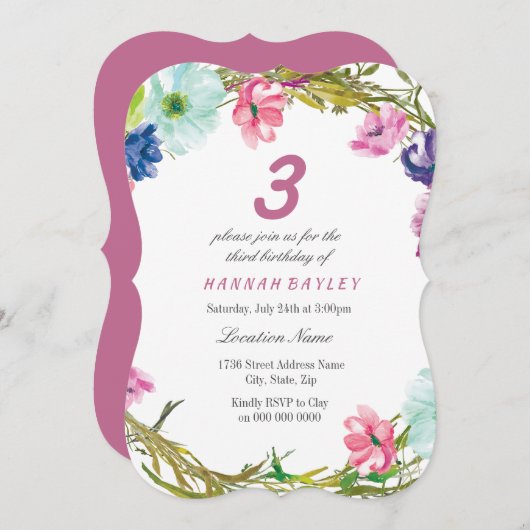 花カラフル女の子34th第5th第6誕生日 招待状 (正面/裏面)