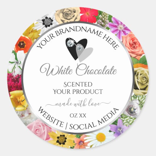 花カラフル枠の白い製品ラベルハート ラウンドシール (正面)