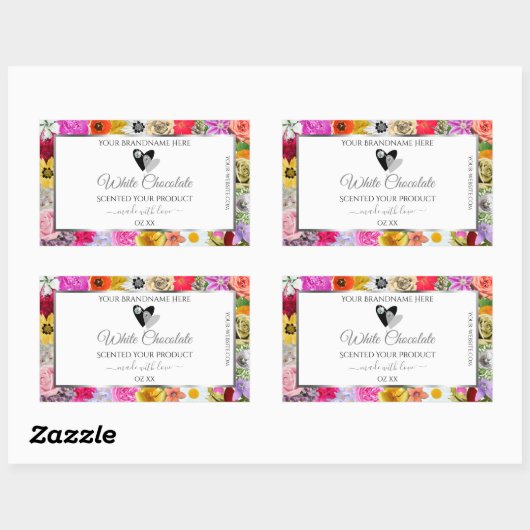 花カラフル枠の白い製品ラベルハート 長方形シール (シート)