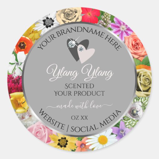 花カラフル枠グレー製品ラベルハート ラウンドシール (正面)