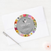 花カラフル枠グレー製品ラベルハート ラウンドシール (封筒)