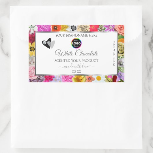 花カラフル枠ホワイトプロダクトラベルのロゴ 長方形シール (バッグ)