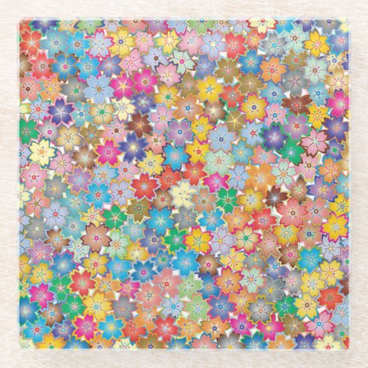 花カラフル柄ぼほ ガラスコースター (正面)