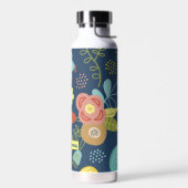 花カラフル柄ダークブルーパーソナライズされた ウォーターボトル (左面)