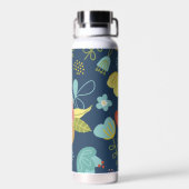 花カラフル柄ダークブルーパーソナライズされた ウォーターボトル (背面)