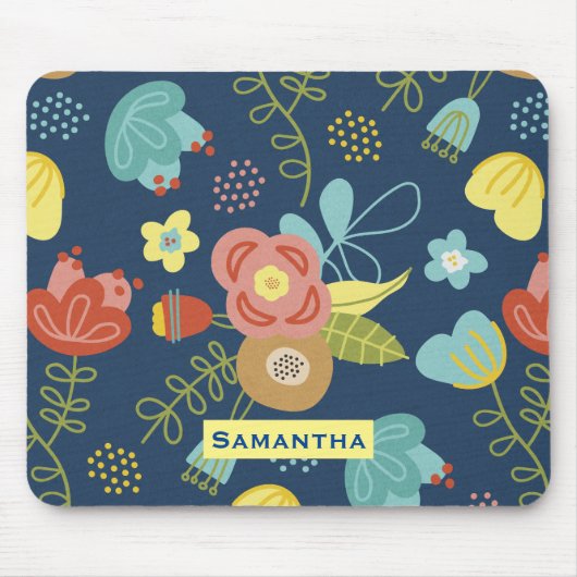 花カラフル柄ダークブルーパーソナライズされた マウスパッド (正面)