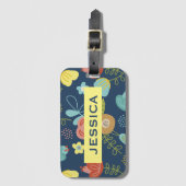 花カラフル柄濃い青パーソナライズされた ラゲッジタグ (正面縦)