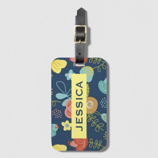 花カラフル柄濃い青パーソナライズされた ラゲッジタグ (正面縦)