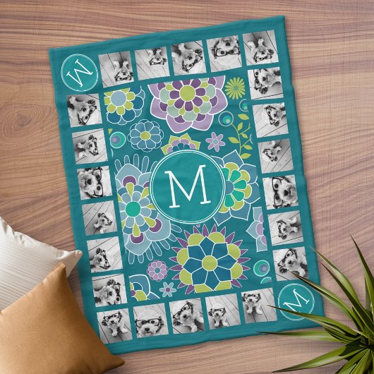 花カラフル柄11フォトモノグラム フリースブランケット