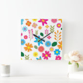 花カラフル柄 スクエア壁時計 (ホーム)