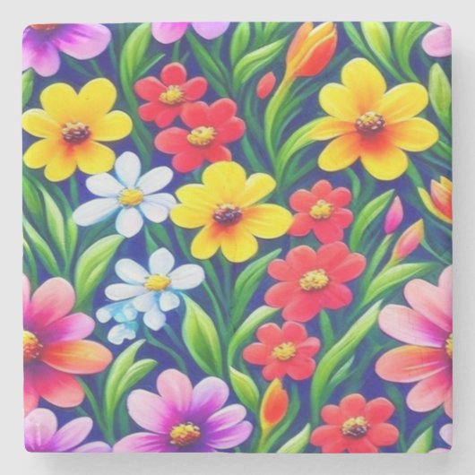 花カラフル柄 ストーンコースター (正面)