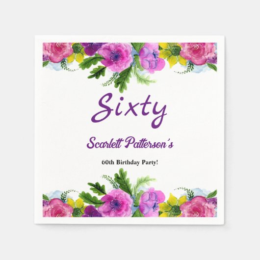 花カラフル植物学フローラ60誕生日 スタンダードカクテルナプキン (正面)