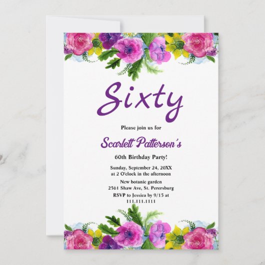 花カラフル植物学フローラ60誕生日 招待状 (正面)