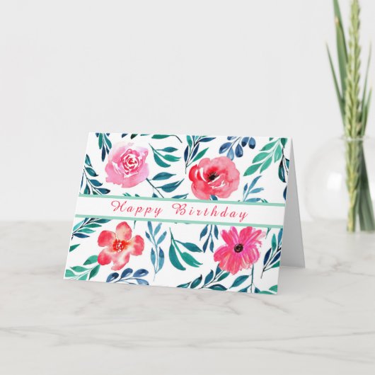 花カラフル水彩画ハッピーバースデー カード (正面)