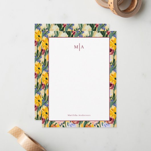 花カラフル絵を描画モノグラム名個人 ノートカード (正面/裏面インサイチュ)