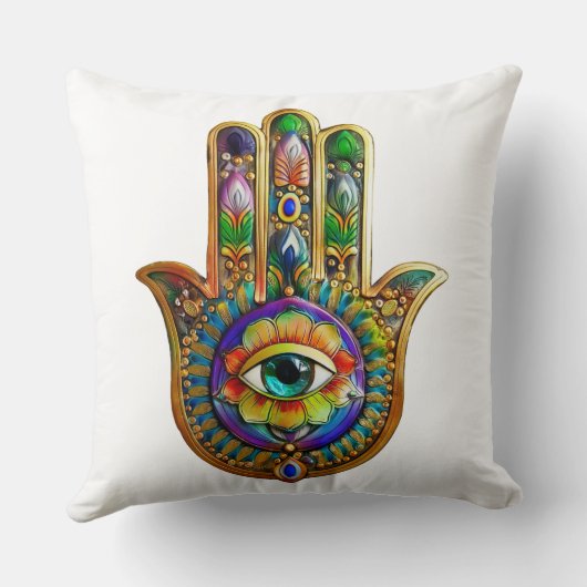 花カラフル花びらターコイズサードアイハムサ クッション (裏面)