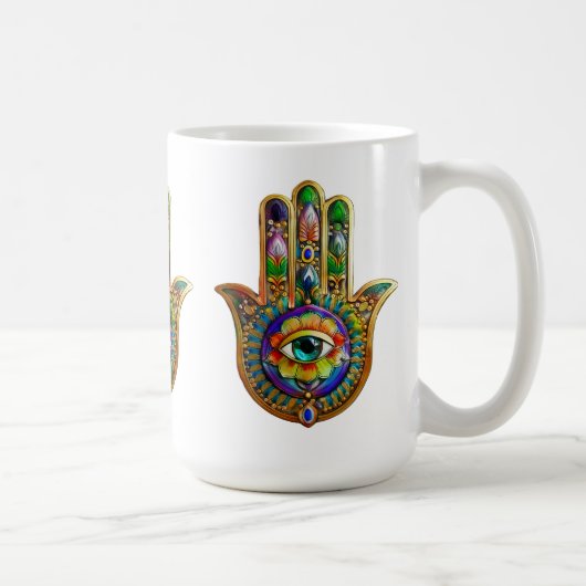 花カラフル花びらターコイズサードアイハムサ コーヒーマグカップ (右)