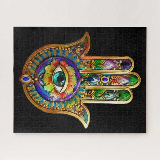 花カラフル花びらターコイズサードアイハムサ ジグソーパズル (横)