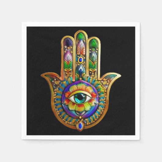 花カラフル花びらターコイズサードアイハムサ スタンダードカクテルナプキン (正面)