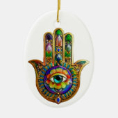 花カラフル花びらターコイズサードアイハムサ セラミックオーナメント (正面)