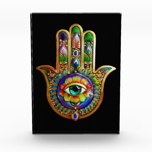 花カラフル花びらターコイズサードアイハムサ フォトブロック (正面)