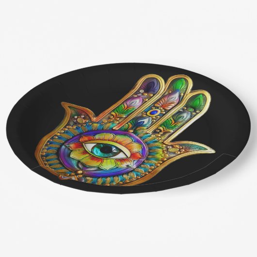 花カラフル花びらターコイズサードアイハムサ ペーパープレート (アングル)