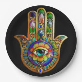 花カラフル花びらターコイズサードアイハムサ ペーパープレート (正面)