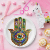 花カラフル花びらターコイズサードアイハムサ ペーパープレート (パーティー)