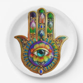 花カラフル花びらターコイズサードアイハムサ ペーパープレート (正面)