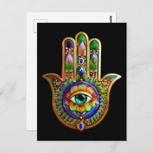 花カラフル花びらターコイズサードアイハムサ ポストカード (正面/裏面)