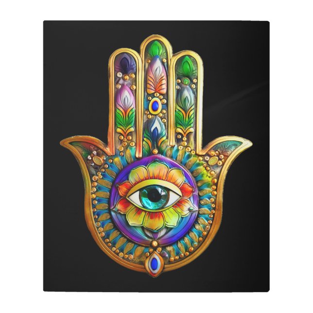 花カラフル花びらターコイズサードアイハムサ メタルプリント (正面)